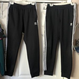 Adidas track pants zipper pockets drawstring elastic waist 3 white stipe